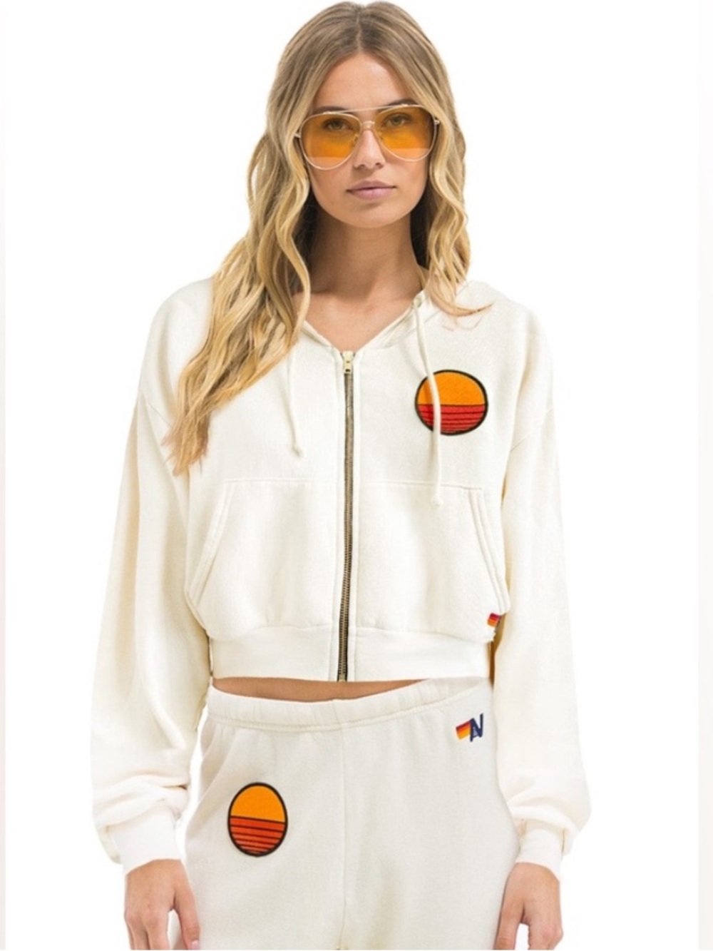 Aviator Nation Sunset Patch Relaxed Cropped Zip Hoodie in Vintage White SZ S